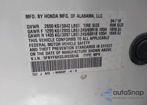 2018 Honda Pilot Ex z USA, uszkodzony, nr VIN 5FNYF6H33JB038246